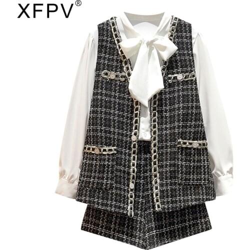 XFPV 2021 Autumn Winter New Fashion Womens Plaid Korean Style White Longsleeve Bow Shirt Pocket Vest Short Pants Set
