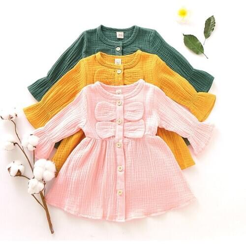 Casual Dress Clothes Girls Dress Spring Autumn Long Sleeve Baby Clothes Solid Cotton Linen Infant Girls Wear Autumn Dress