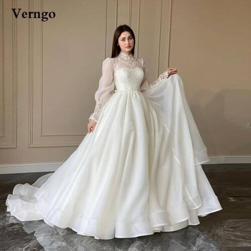 Verngo Modest Organza A Line Wedding Dress Lace Puff Long Sleeves High Neck Korea Wedding Bridal Gowns 2021 Robe de mariage