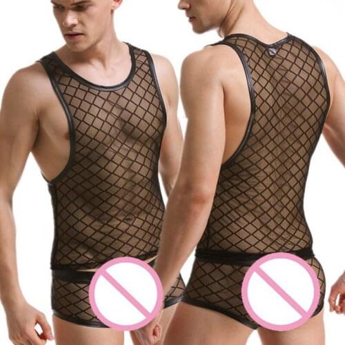 Sexy Men 1Set Plaid See Through Stage Catwalk Mesh Vest Transparent Tank Tops Undershirts Fun Party Vest Tank Gay Wear FX2035