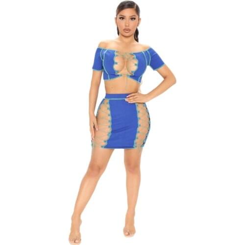 Sexy Slim Solid Off Shoulder Lace Up Bandage Patchwork Bodycon Two Piece Dress Set Summer Crop Top Skirt Fashion 2 Piece Outfits