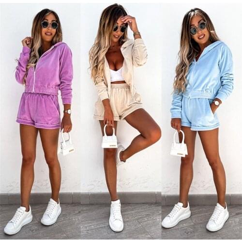 Zipper Hoodies Womens Fashion Sports And Leisure Shorts Hooded Two Piece Set Solid Jacket Tracksuit Streetwear Polerones Mujer