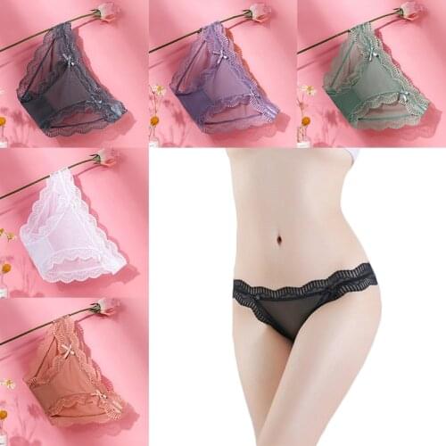 Sexy Lace Mesh Womens Panties Bow Knot Low Waist Briefs Seamless Underwear Girls Breathable Transparent Underpants