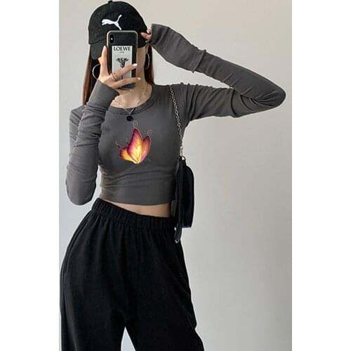 Butterfly Crop Top Shirt Fashion Women Cotton Harajuku Sweatshirt Animal Print T Shirt Hip Hop Two-piece Suits for Girls Clothes