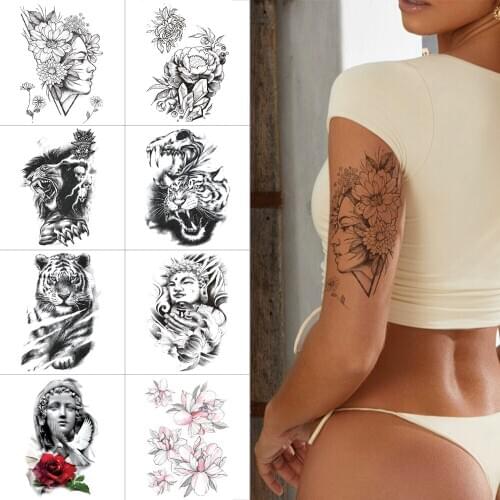 Ink color temporary tattoo stickers Flower eyes Waterproof fake tattoos Wolf tiger dragon black body tattoo Buddha arm tattoo