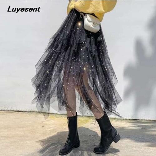 Women Star Sky Sequined Empire Irregular Skirt 2021 Summer Lady Mesh Shining Long Skirts Cool Gothic Basic Sequin Streetwear
