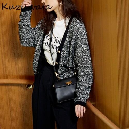 Kuzuwata Autumn New Sweaters V Neck Long Sleeve Contrast Color Button Knitting Cardigan Fashion Sweet Women Outerwear Clothes