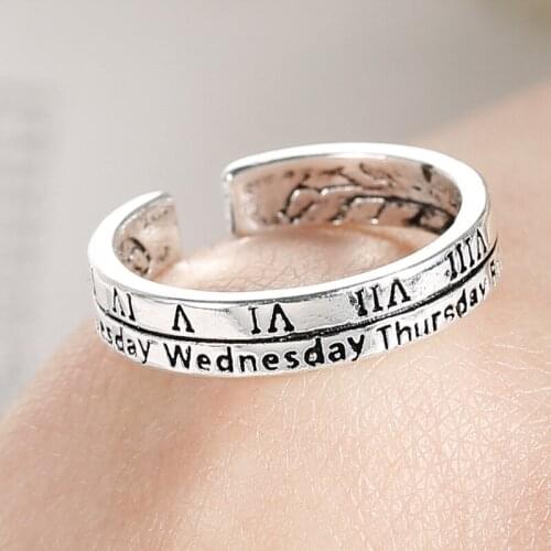 Silver Color Open Size Ring Roman Numerals Week Date Engraved Jewelry Mini Band For Girl Cocktail Party Finger Accessories