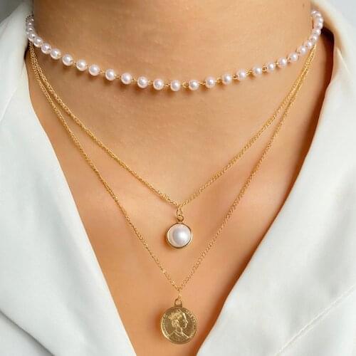 Fashion Multilayer Coin Chain Pearl Choker Necklace for Women Gold Silver Color Trendy Portrait Pendant Necklaces Female Jewelry