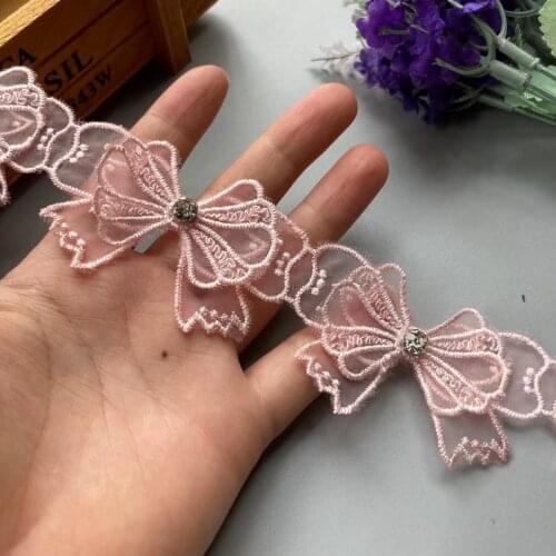 1 Yard Pink Mesh Lace Bowknot Rhinestones Embroidered Lace Trim Ribbon Patches Applique Fabric DIY Wedding Dress Sewing Supplies