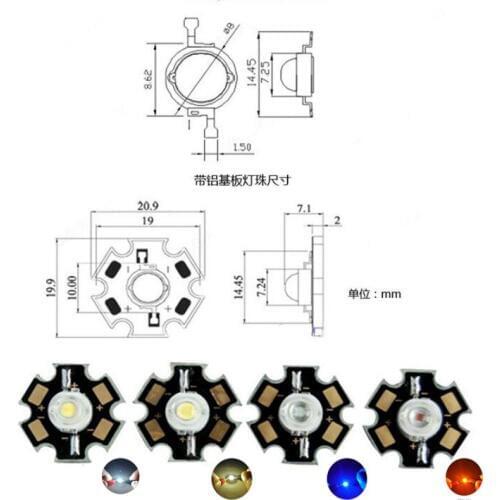 100pcs/lot 1W 3W Deep Red Green Blue White Yellow UV High Power Led with 20mm PCB