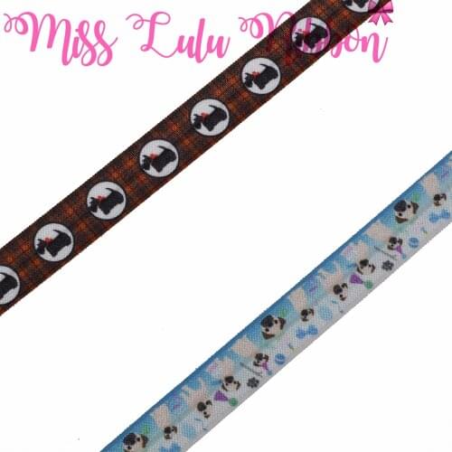 5/8"16mm Animal Series Cute Bulldogs Printed Elastic/Foe Ribbon Black and Red Check DIY Hair Band 50yards/roll Gift Bowknots