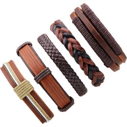 5pcs/set Boho Gypsy Hippie Punk Brown Macrame Leather Beige Cord Wrap Knot Layers Stacked Adjustable Bracelets Set for Man