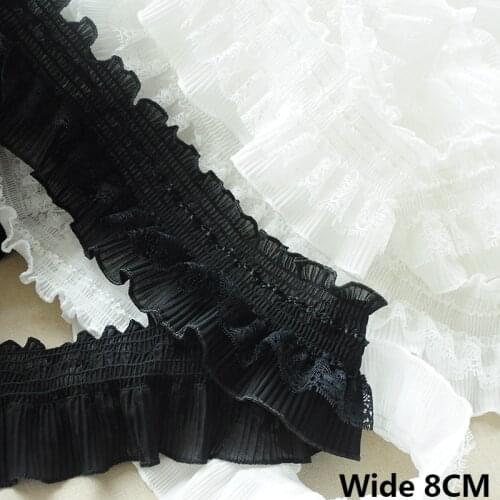8CM Wide White Black Stretch Chiffon Guipure Lace Fabric Elastic Ruffle Trim Embroidered Ribbon DIY Dress Collar Sewing Supplies