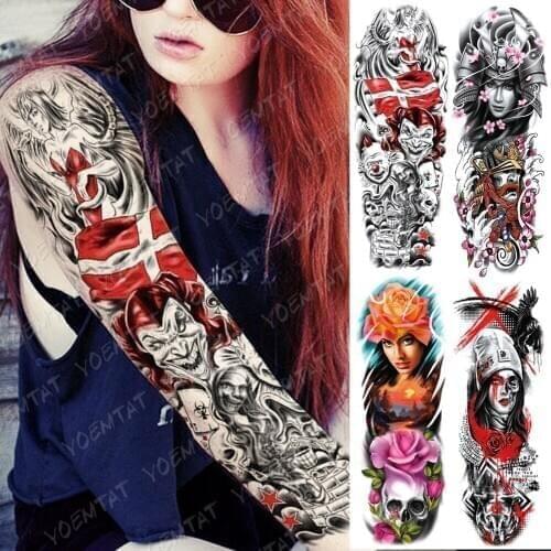 Large Arm Sleeve Tattoo Devil clown Geisha Samurai Waterproof Temporary Tatto Sticker Poker Stars Body Art Full Fake Tatoo Women