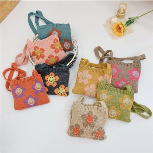 Children Kids Autumn Winter Mini Small Bag Cute Knitted Braid Sun Flower Solid Coin Purse Fashion Accessories Gifts Wholesale