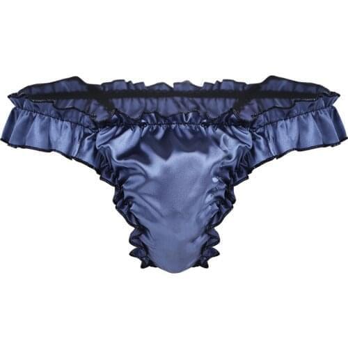 Sexy Gay Mens Briefs Thong Sissy Satin Ruffled Frilly T Back Panties Lingerie Soft Shiny Bikini G-strings Underwear Underpants