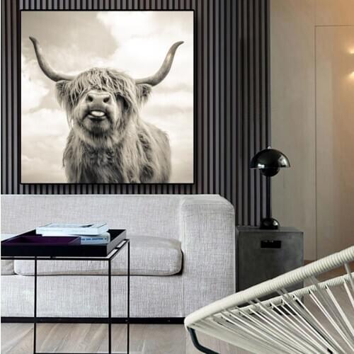 Black and White Highland Cow Cattle Wall Canvas Art Nordic Painting Poster and Print Scandinavian Wall Picture for Living Room