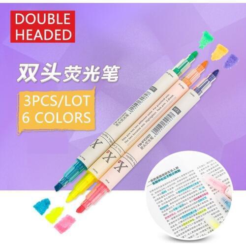 3PCS 6Colors Double Headed Fluorescent Pen Cute Art Highlighter Drawing Mark Pen Stationery school supplies free shipping