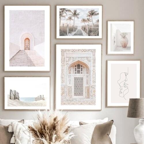Morocco Door Facade Beach Palm Trees Abstract Lines Nordic Poster Wall Art Print Canvas Painting Decor Pictures For Living Room