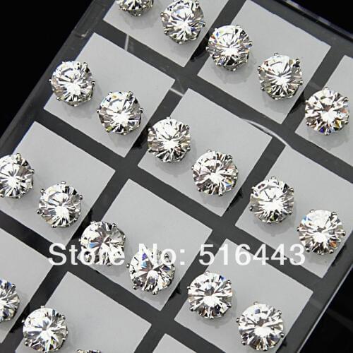 Fashion 48pcs 8mm Clear Austria Cubic Zirconia Stainless Steel Stud Earrings for Womens Mens Wholesale Jewelry Lots A-645