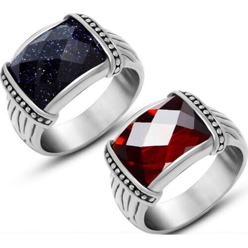 Mosaic Blue Sand Stone Pomegranate Red Stainless Steel Vintage Jewelry Men Ring Rock Rings for Party