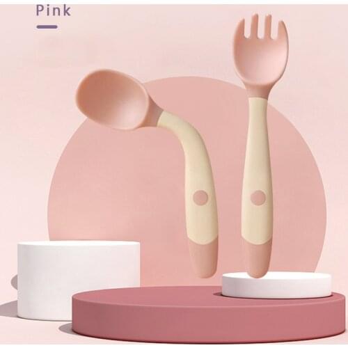 2Pcs Baby Utensils Set Auxiliary Food Silicone Spoon Fork Baby Learn To Eat Training Bendable Soft Spoon Children Tableware