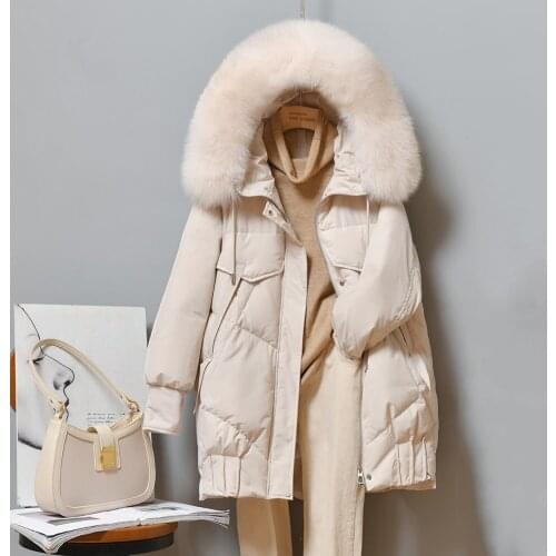 2021 New Winter White Duck Down Coat Large Real Fur Hooded Down Jacket Mid-length Loose Thick Warm Women Feather Snow Outwear