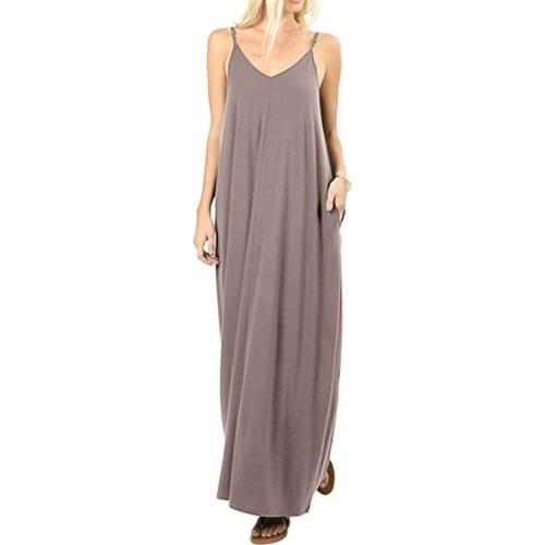 Solid Color Camisole Dress with Pocket Womens Clothing Sexy V Neck Maxi Dress Women Spaghetti Strap Sleeveless Long Dresses