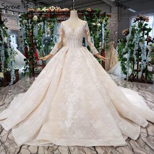 Serene Hill Luxury Wedding Dress with Long Train 2019 O-Neck Button Back Embroidery Sequin Princess Bridal Gown vestido de noiva