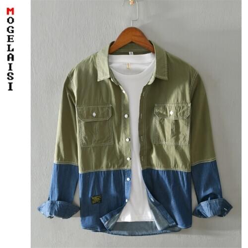 New Autumn men shirt fashion 100% cotton Splicing Multiple pockets long sleeve shirts man soft clothing chemise homme 3XL 1203