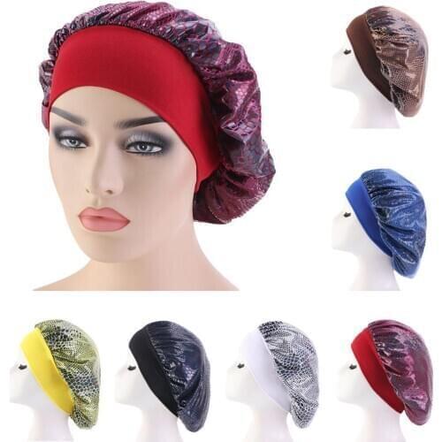Crocodile Print Satin Turban Headscarf Sleeping Bonnet Wrap Night Cap Headwear Hat Wide Band Hair Loss Cover Beanie Muslim Hijab