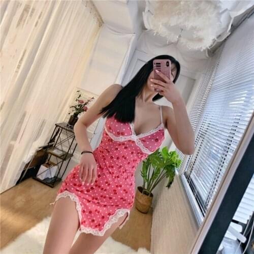 Womens Summer Sundresses Sexy Lace Stitching Strap Dress Pink Irregular Cherry Dress Y2k Clothes For Women Party