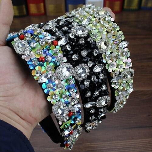 Handmade Wide Hair Hoop Light Green Black Crystal Sequin Headband Beaded Hairbands For Women Wedding Accessories Jewelry