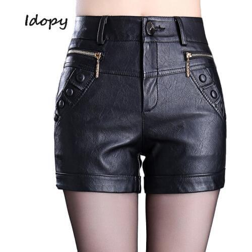Idopy Fashion Womens PU Leather Sexy Shorts Side Zippers Skinny Fit Night Club Short Pants Black Red Shorts For Women