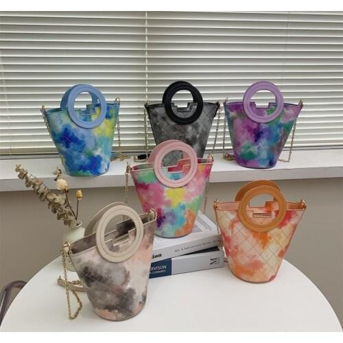Fashion Tie-dye Bucket Bag Woman Large Capacity Handbags PU Leather Shopping Tote Purse Ladies Crossbody Shoulder Bags