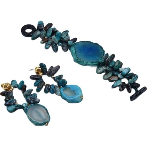 GuaiGuai Jewelry Natural Chrysocolla Top-drilled Fancy Jasper Polished Drusy Agate Bracelet Earrings Sets Handmade For Women