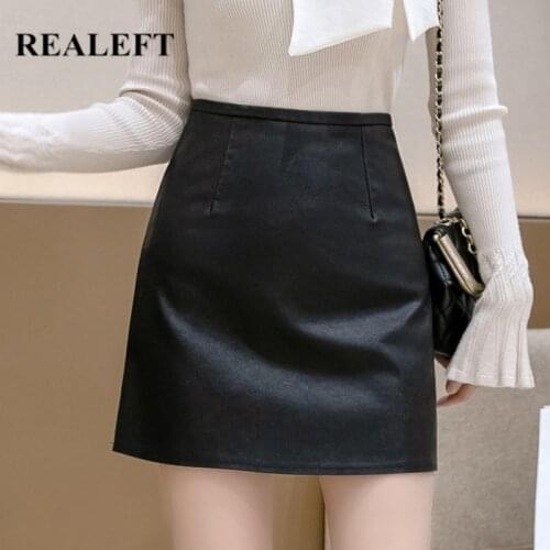REALEFT Autumn Winter Black Faux PU Leather Women Short Skirt 2021 New High Waist Black Office Wrap Pencil Sexy Mini Skirts