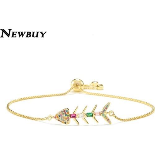 NEWBUY Unique Design Gold Color Fish Bones Charm Bracelet For Women Girl Rainbow Color CZ Zirconia Party Jewelry Femme Bijoux