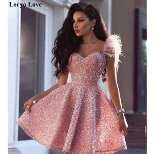 Pink Luxury Cocktail Dresses 2020 Short Prom Dress Crystal Sequins Feathers Homecoming Gowns Women New Elegant Graduation Dress