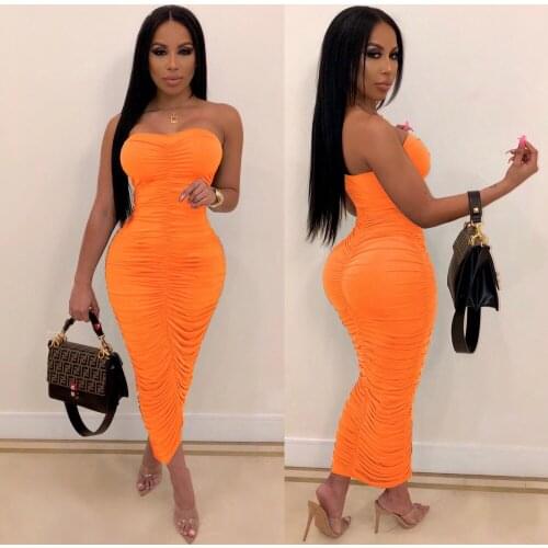 Women Solid Bandage Bodycon Long Pleated Dress Elegant Strapless Backless Package Hip Dresses Simple Off Shoulder Sundress New