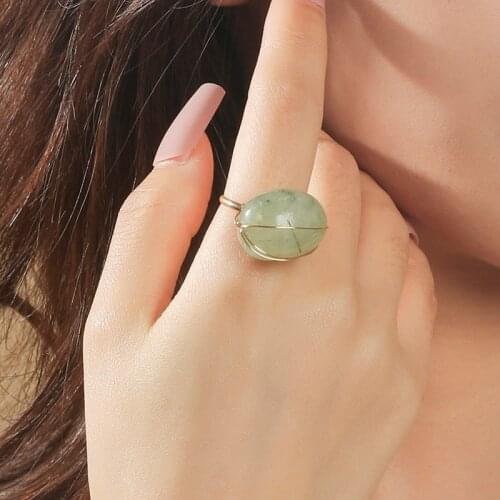 Bohemian Ladies Oval Natural Green Stone Rings For Women Gold Color Metal Adjustable Opening Ring Beach Style Jewelry Gifts