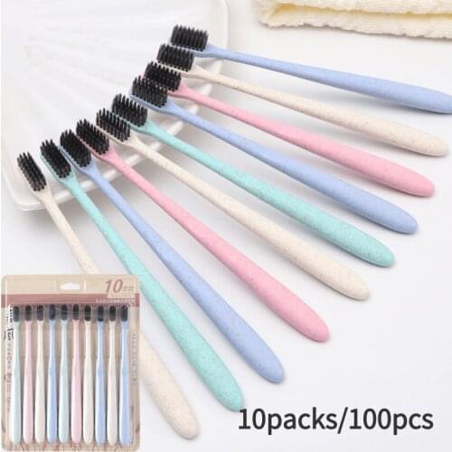 100 Pcs Eco Friendly Toothbrush Natural Wheat Straw Handle Bamboo Charcoal Bristle Adult Soft Ultra Fine Bristles Toothbrushes