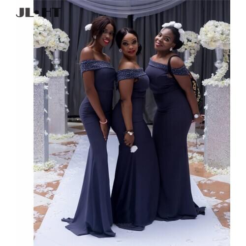 2021 Black Women Wedding Party Gown with Beaded Elastic Satin African Off Shoulder Bridesmaid Dresses Long