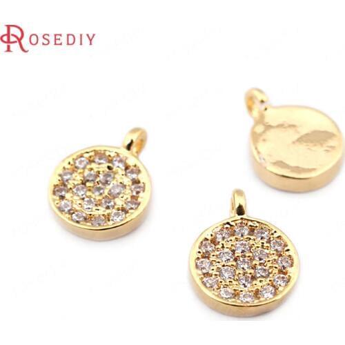 33692)6PCS 9.5*7MM 24K Gold Color Brass with Zircon Round Charms Pendants High Quality Diy Jewelry Findings Accessories