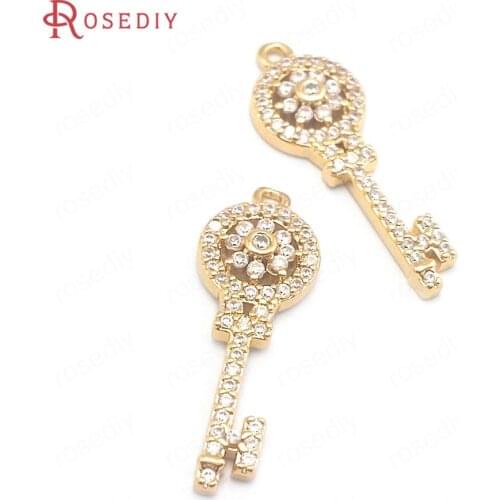40685)6PCS 26.5x9.5MM 24K Champagne Gold Color Brass and Zircon Key Charms Pendants Jewelry Making Supplies Diy Accessories