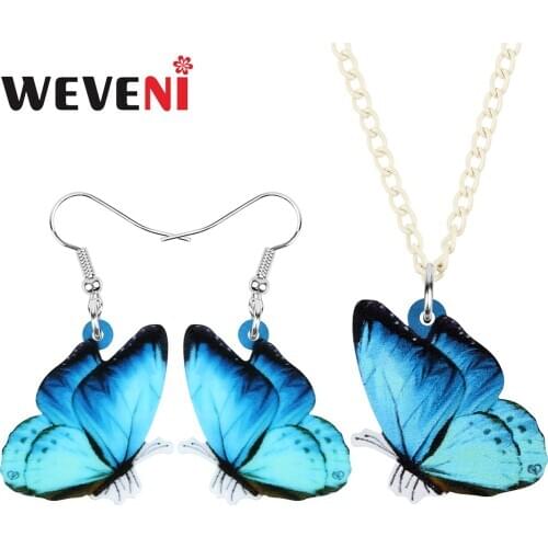 WEVENI Acrylic Blue Morpho Butterfly Jewelry Sets Big Cute Insect Animal Earrings Necklace For Women Girls Kid Charm Spring Gift
