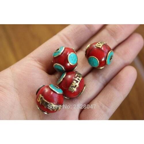 BD069 Tibetan Brass Six Words Mantras Amulets Beads 17mm Nepal Handmade Resin Loose Beads 4 PCS Beads Lot