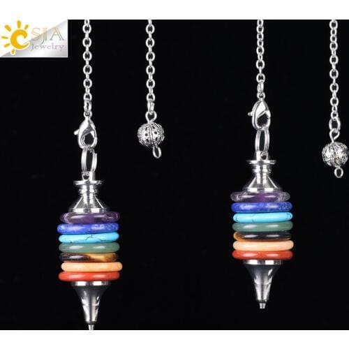 CSJA 7 Chakras Pendulum Dowsing Natural Stone Pendant Wheels of Life Gems Jewelry Pendulums Men Women Gift Pendulo Pendule F327