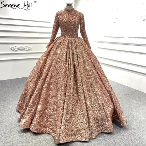 Dubai Gold High Neck Luxury Wedding Dresses 2020 Sparkle Long Sleeve Lace Up Bride Gowns HA2392 Custom Made